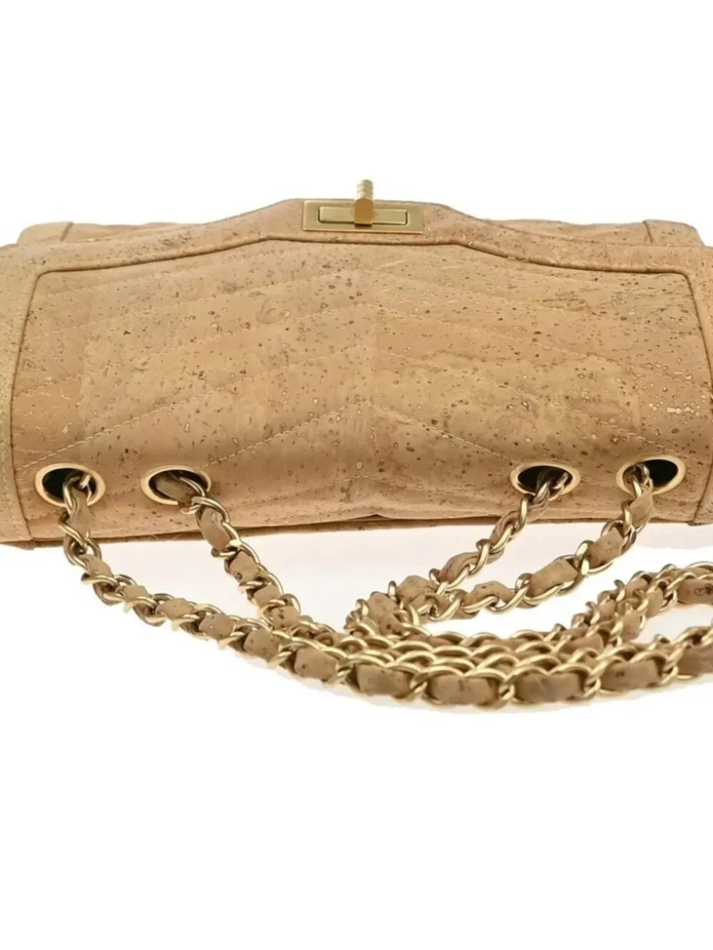 CHANEL Logo 2.55 Chevron Chain Shoulder Bag Cork Leather Beige GHW